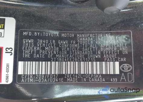2011 Toyota Corolla S from USA, damaged, VIN 2T1BU4EE2BC611715